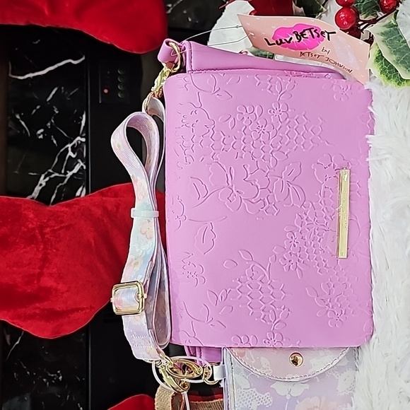 Betsey Johnson Handbags - BETSEY JOHNSON PINK FLORAL IMPRINTED  LUV BETSEY CROSSBODY w/HANG OFF POUCH